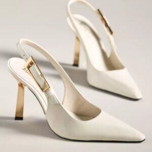 Schutz White Leather Slingback Pumps with Gold Heel, size 8, 3″ heel